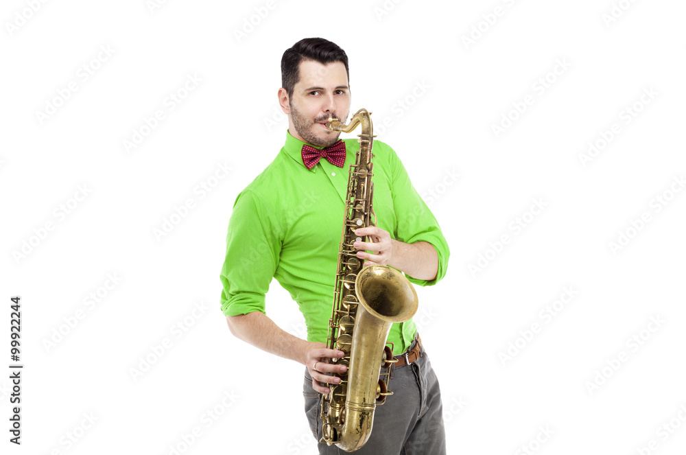 Fototapeta premium saxophone player in bright blue shirt with bowtie, isolated on white background. stylish man musician look into camera. musical teacher