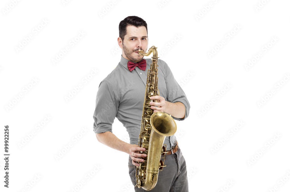 Fototapeta premium saxophone player in bright blue shirt with bowtie, isolated on white background. stylish man musician look into camera. musical teacher