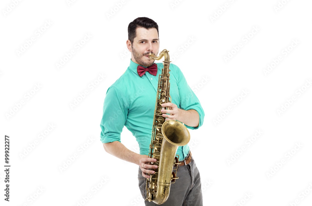 Fototapeta premium saxophone player in bright blue shirt with bowtie, isolated on white background. stylish man musician look into camera. musical teacher