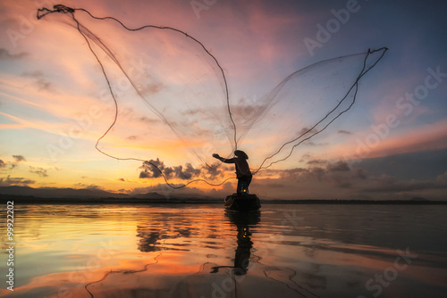 Fisherman of Bangpra Lake in action when fishing, Thailand