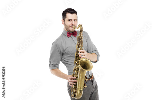 saxophone player in bright blue shirt with bowtie  isolated on white background. stylish man musician look into camera. musical teacher