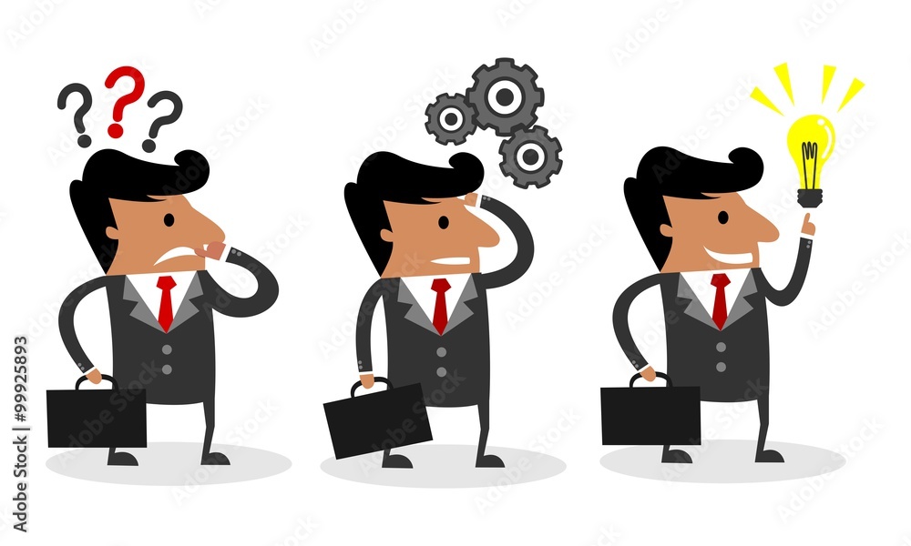 Business Man Solving a Problem in Three Phases - Question - Thinking - Idea