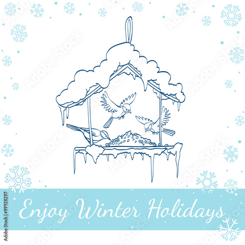 Birdfeeder In Winter Forest. Vector