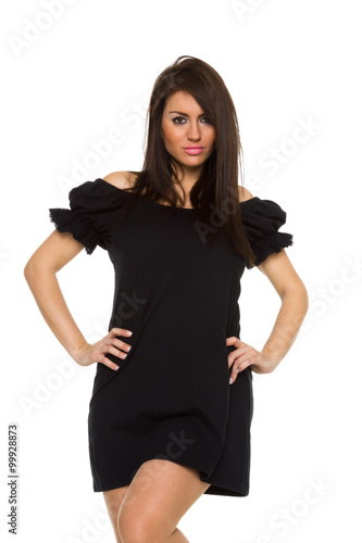 portrait of a beautiful adult sensuality woman in black dress po