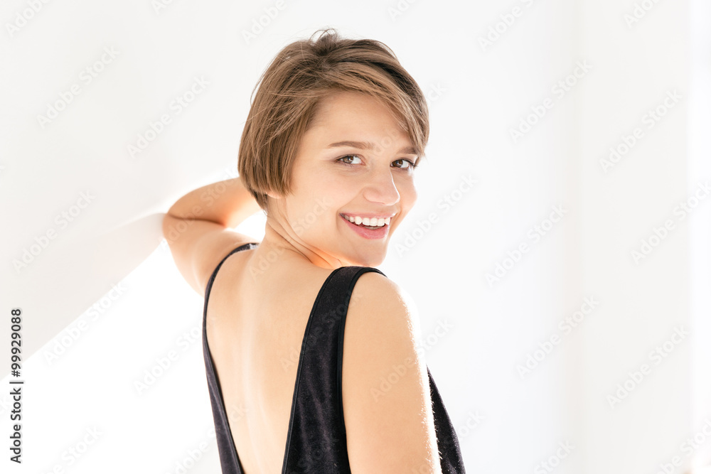 Portrait of happy beautiful young woman with short hair Portrait of happy beautiful young woman with short hair