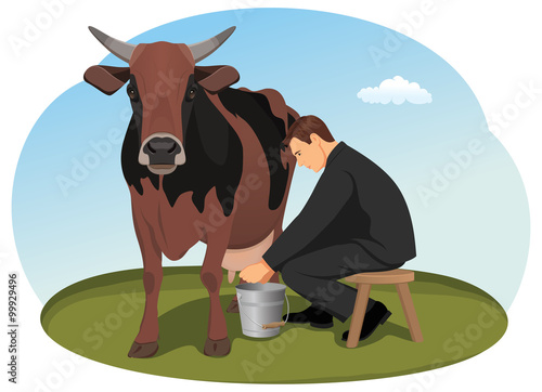 Businessman is milking the cash cow by hand. A stable source of revenue. Taxes.