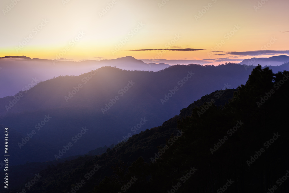 Skyline with mist and mountain at Doi Pha Hom Pok, the second highest mountain in Thailand, Chiang Mai, Thailand.