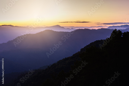 Skyline with mist and mountain at Doi Pha Hom Pok, the second highest mountain in Thailand, Chiang Mai, Thailand.