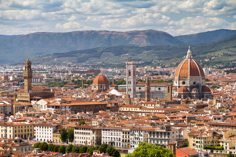 Beautiful view over the city of Florence, Italy, with the Cathedral and the Palazzo Vecchio
