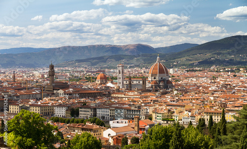Beautiful view over the city of Florence, Italy, with the Cathedral and the Palazzo Vecchio