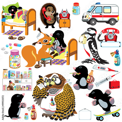medical set with cartoon mole 