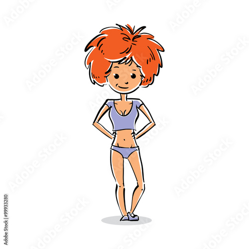 Vector full-length portrait of beautiful red-haired lady. Cartoon