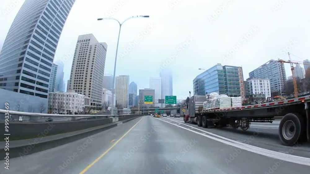 View from car driving in traffic on I-5 in Seattle. View from car driving in traffic on I-5 in Seattle.