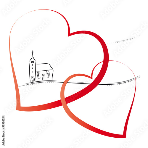 Hochzeit, Heirat, Kirchliche Trauung, Kirche mit zwei verschlungenen Herzen zeigt Verbundenheit, Einladung zur Firmung, Konfirmation, Gemeinde, Gottesdienst, Banner