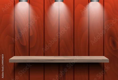 Empty shelf on red wooden wall with three spot lights. For book or product presentation.