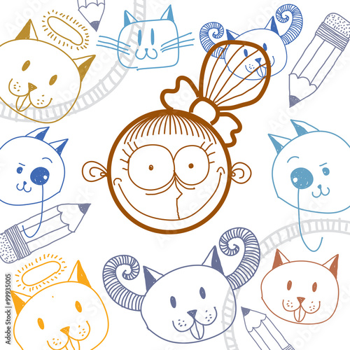 Vector hand drawn cartoon happy girl with modern haircut. 