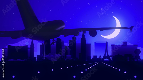 Las Vegas Nevada Casino Gamble City America Tourism Airplane Landing Travel Journey Skyline Voyage Sightseeing Silhouette Background Blue Night Moon Romantic Usefull for commercial films