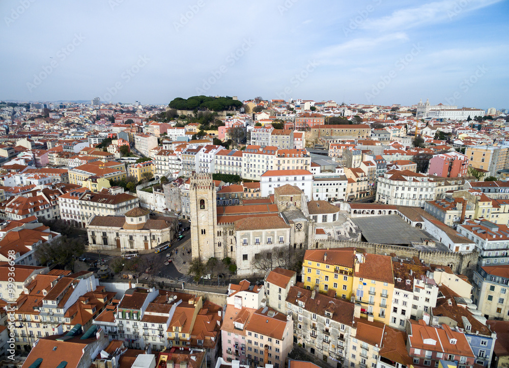 Aerial View of Alfama and the Santa Maria Maior (or Se Cathedral) the oldest church in the city of Lisbon, Portugal
