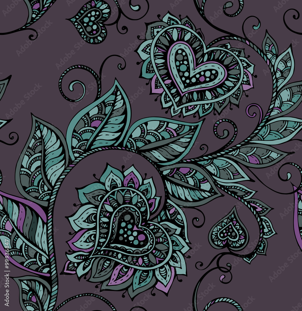 Vector seamless pattern with hand drawn ornate flowers