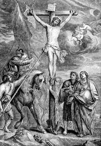An engraved illustration image of The Crucifixion of Jesus Christ from a Victorian Bible dated 1883 that is no longer in copyright