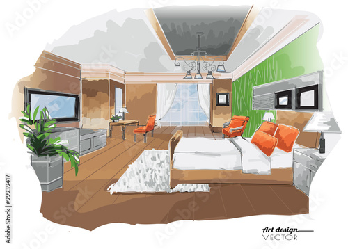 Vector interior sketch design, bed room on white paper background,
watercolor style 