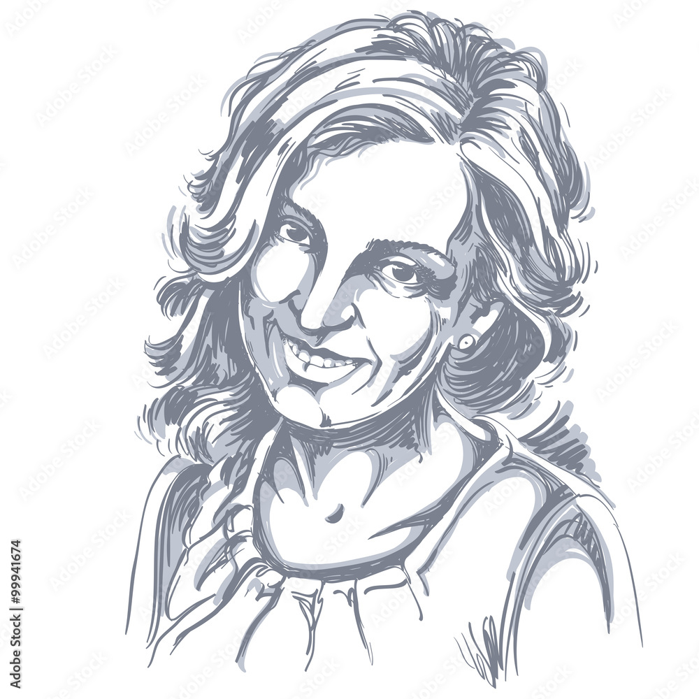Portrait of delicate good-looking woman, black and white vector