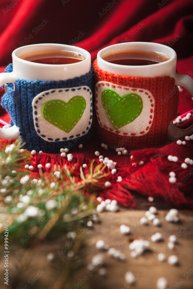Two warm cups of tea or coffee with heart for Valentine's day