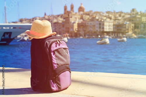 hat and backpack on vacation in Malta