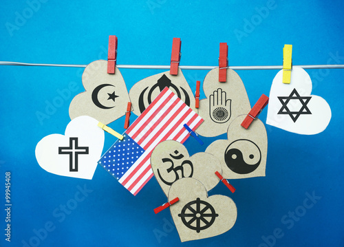 White  hearts,  USA ( America) flag hanging on colorful pegs ( c photo