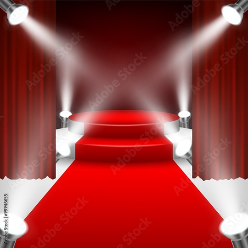 Red carpet to podium stage with spotlights and red curtain