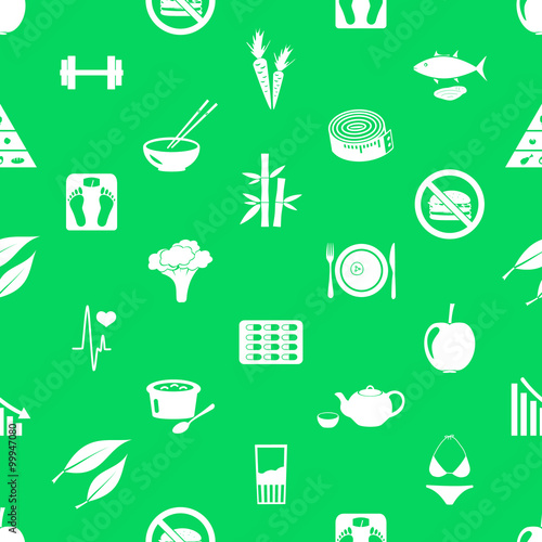 set of diet and healthy life style theme icons seamless green pattern eps10
