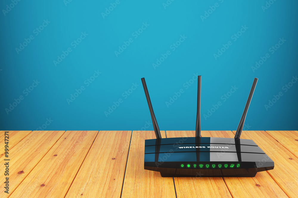Wi-Fi wireless router on wooden table - obrazy, fototapety, plakaty 