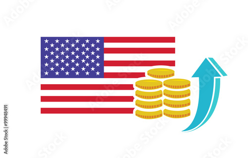 Flat vector image of the flag of the United States of America with coins and an upwards arrow