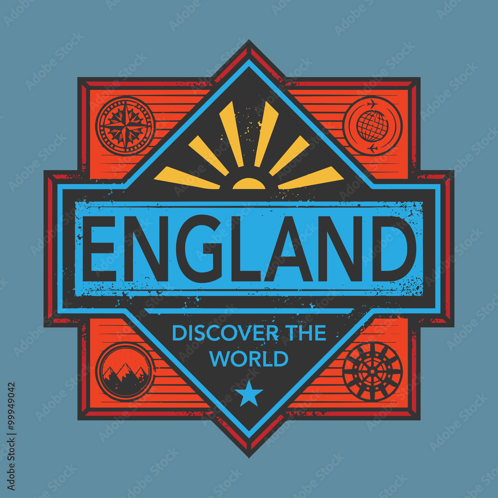 Stamp or vintage emblem with text England, Discover the World