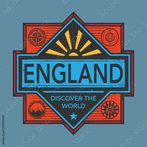 Stamp or vintage emblem with text England, Discover the World