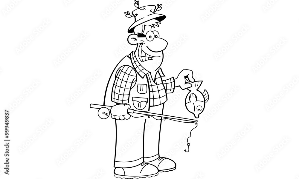 Black and white illustration of a fisherman holding a fishing rod and a small fish. Black and white illustration of a fisherman holding a fishing rod and a small fish.