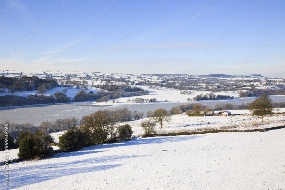 View to Rudyard Lake reservoir with snow in winter. Staffordshire England UK Britain Europe.