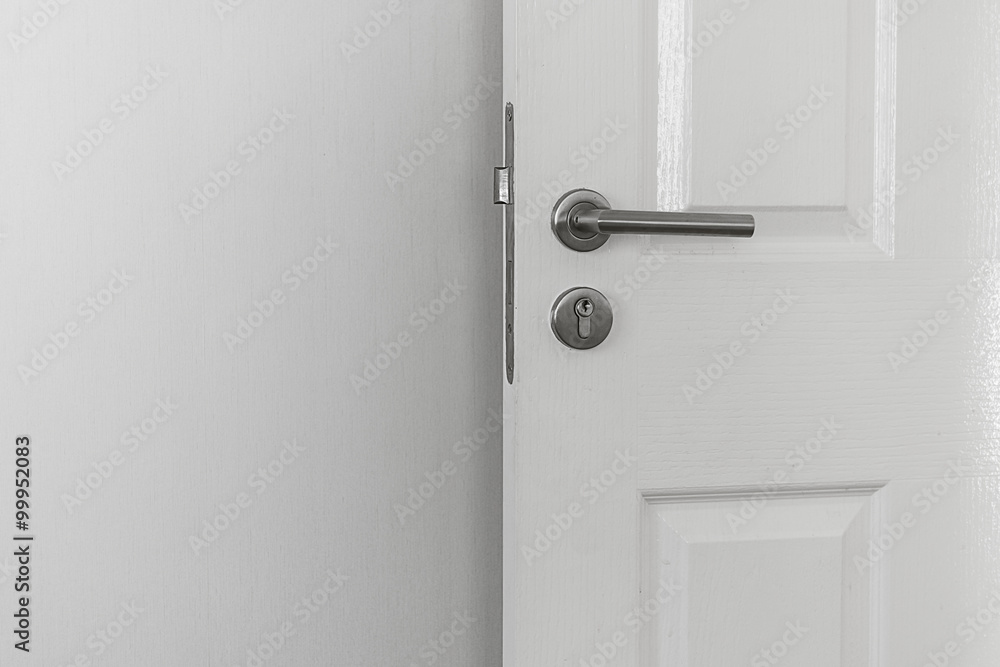 Handle Knob and white door on the white wall background Handle Knob and white door on the white wall background