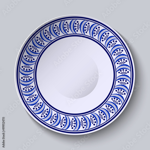 Plate with blue patterned border. Template design in ethnic style Gzhel porcelain painting.