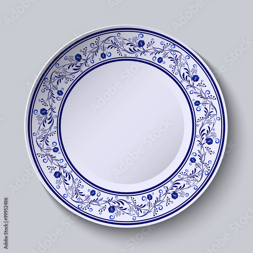 Plate with blue patterned border. Template design in ethnic style Gzhel porcelain painting.