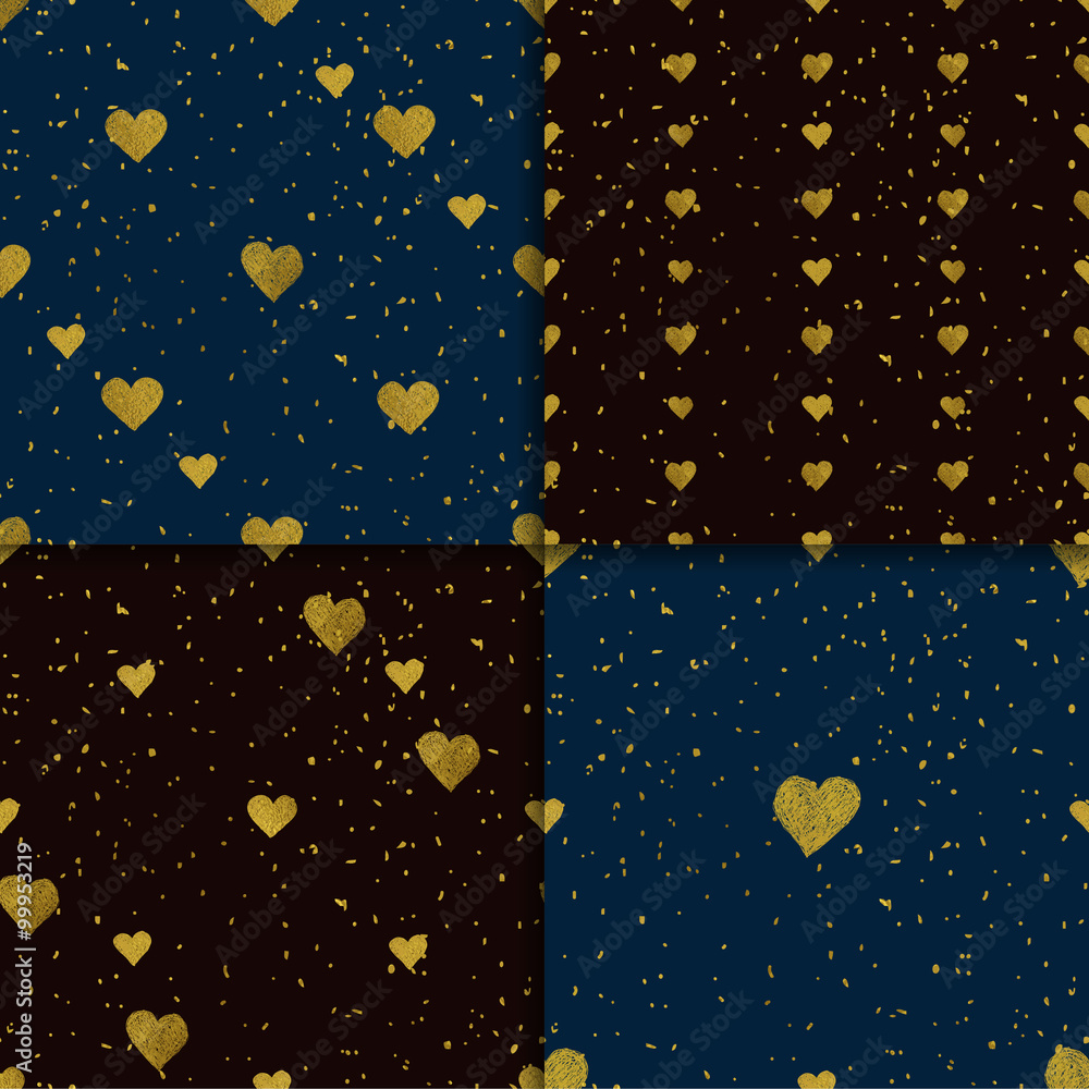 Golden  hearts seamless pattern set