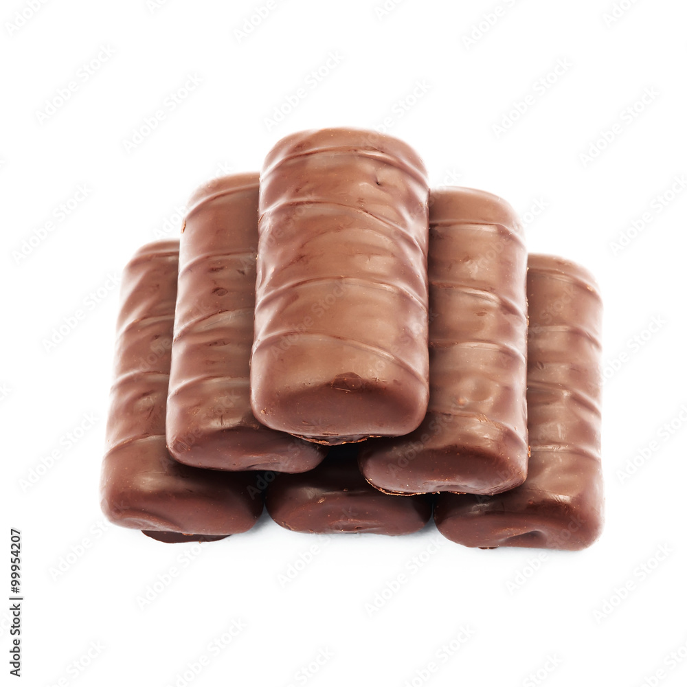 Chocolate candy bars isolated on white background, close-up Chocolate candy bars isolated on white background, close-up