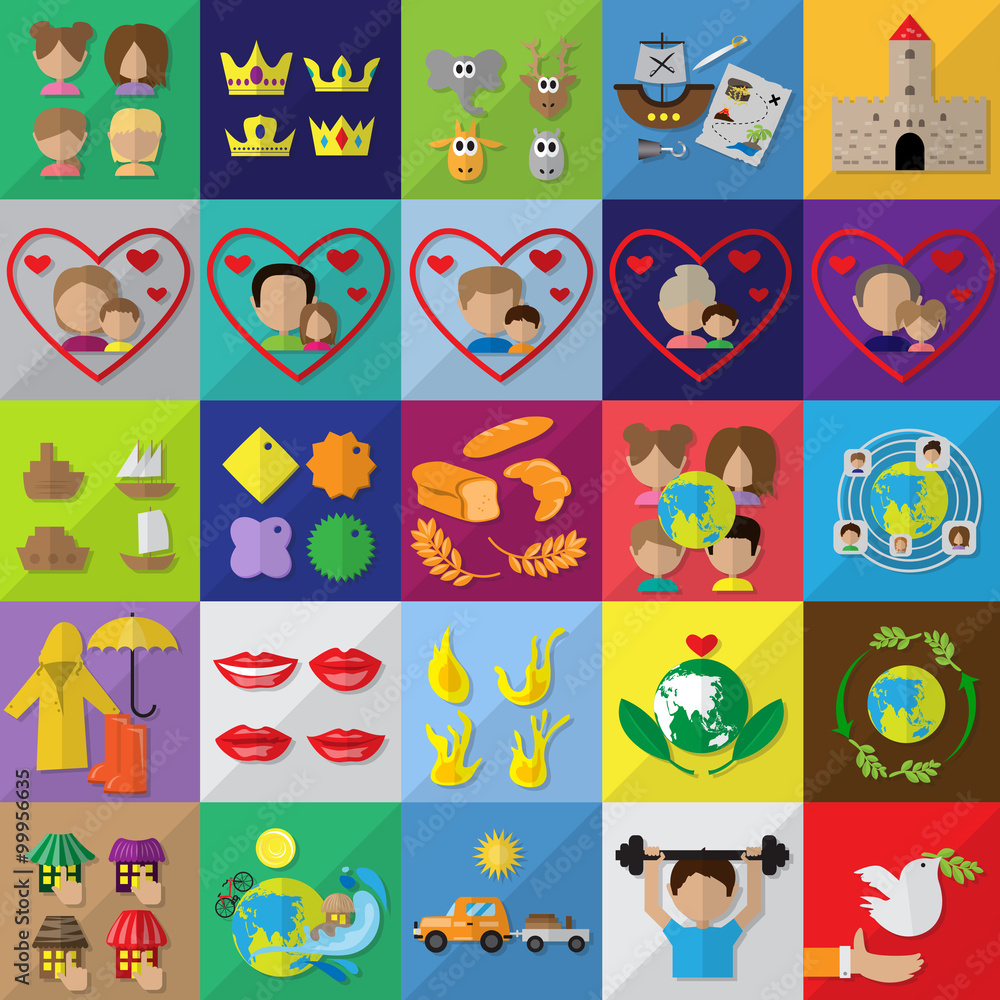 Flat Icons Set: Vector Illustration, Graphic Design.For Web, Websites, Print, Mobile Applications And Promotional Materials. Collection Of Colorful Icons: Freedom, Eco, Ecology, Hand Click, Gym,Pirate