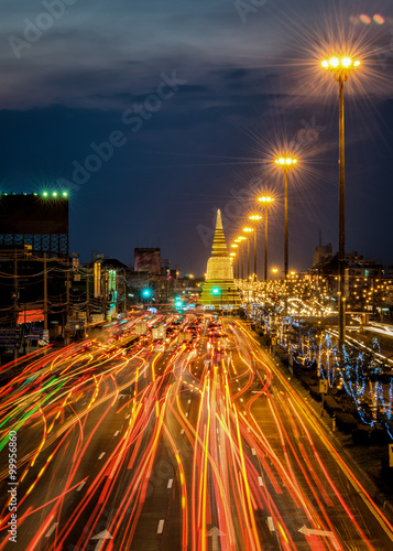 Light traffic on the road at night around the Pagoda,Ayutthaya. Thailand