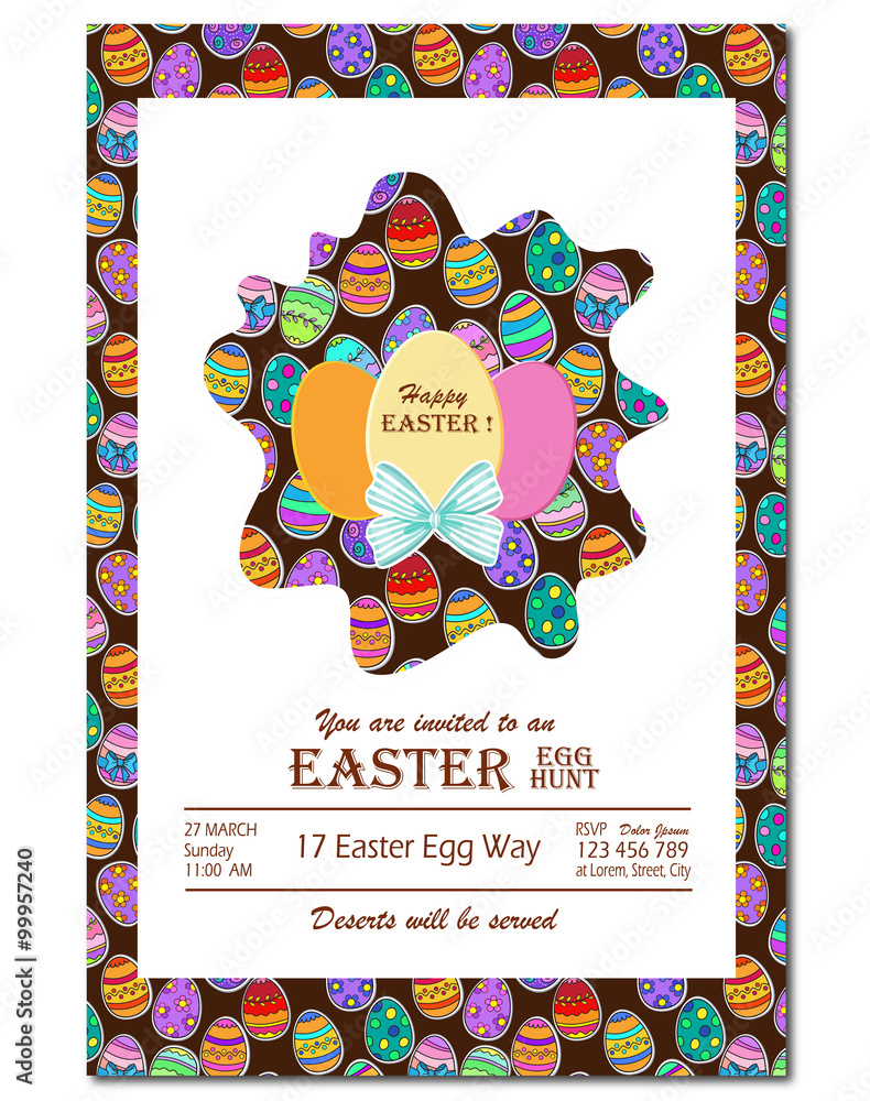 Easter egg invitation. Easter background. Egg stickers. Paper eggs.
