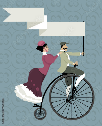 Victorian age couple riding a penny-farthing bicycle, holding an empty banner over their heads, EPS 8 vector illustration, no transparencies