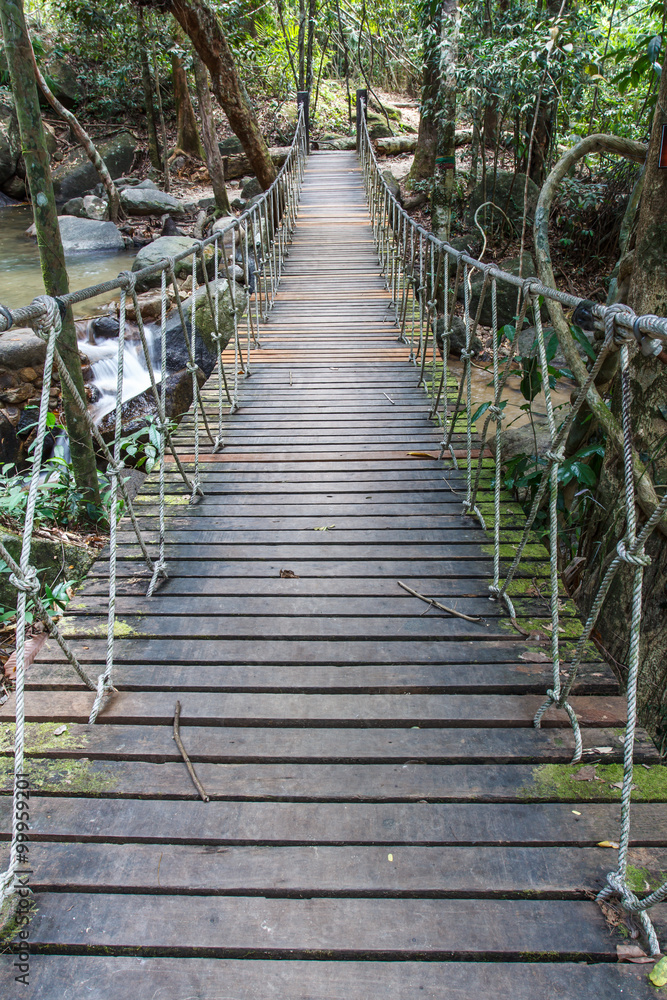 The very old hanging footbridge across a small river