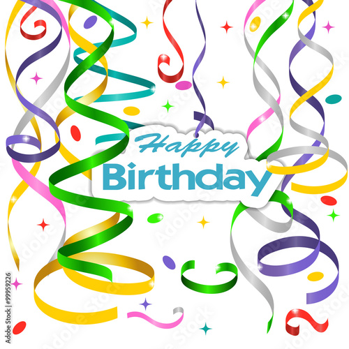 Vector birthday card with curling, confetti and serpantine