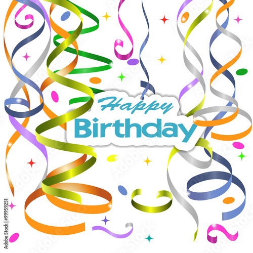 Vector birthday card with curling, confetti and serpantine