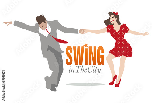 Swing in the City. Handsome man and pin-up girl dancing swing